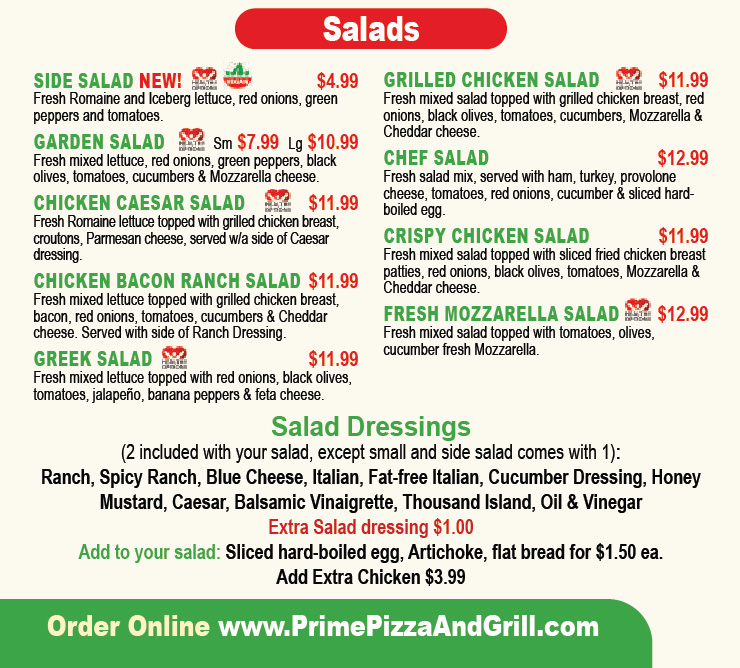 Prime Pizza Grill & Tandoori Menu Salads