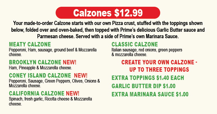 Prime Pizza Grill & Tandoori Menu Calzone